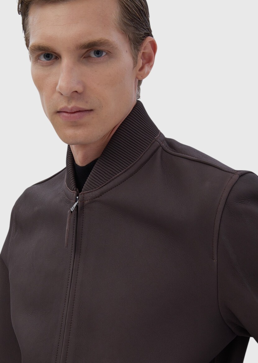 Burgundy Regular Fit Turtleneck Casual Leather Leather Coat - 5