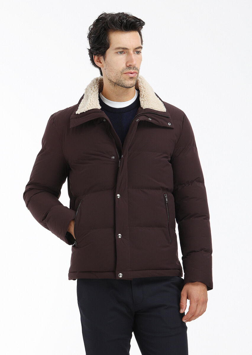 Burgundy Regular Fit Turtleneck Casual Weaving Coat - 2