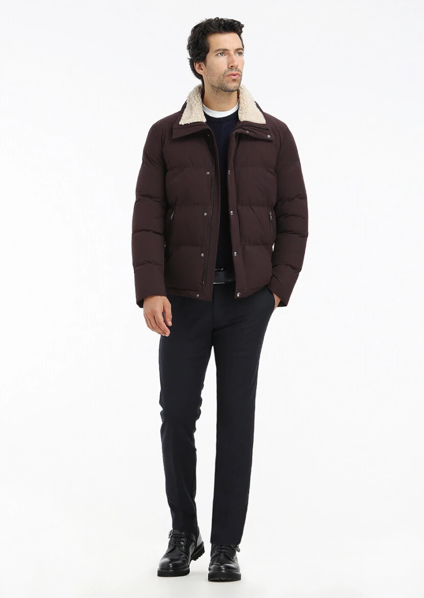 Burgundy Regular Fit Turtleneck Casual Weaving Coat - 1