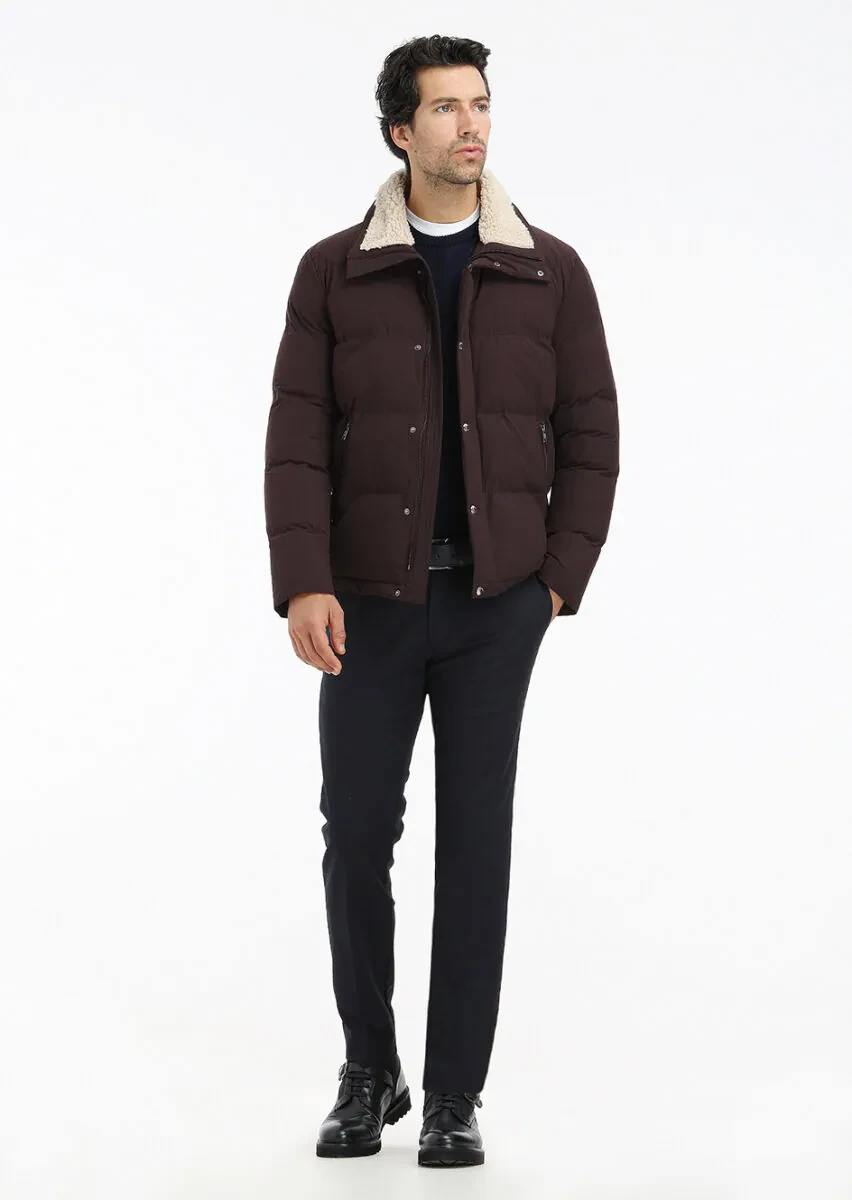 Burgundy Regular Fit Turtleneck Casual Weaving Coat - 1