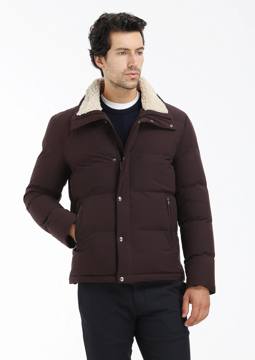 Burgundy Regular Fit Turtleneck Casual Weaving Coat - 2