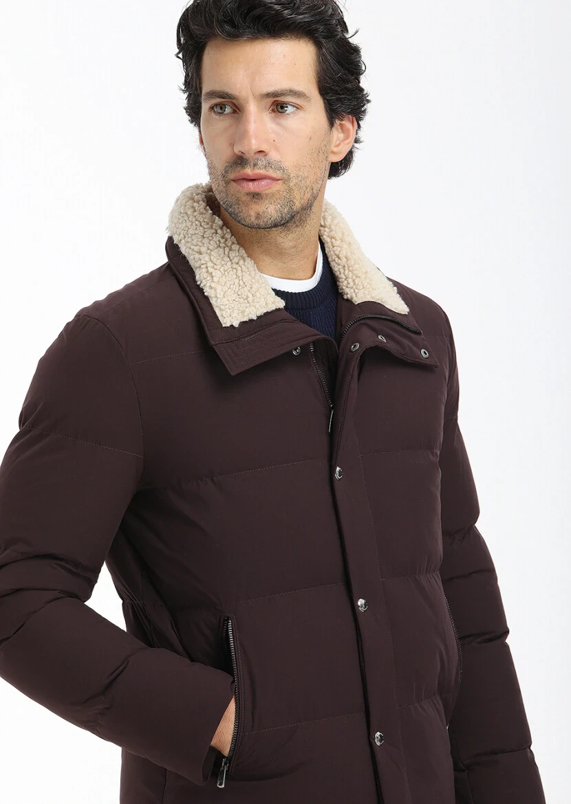 Burgundy Regular Fit Turtleneck Casual Weaving Coat - 5