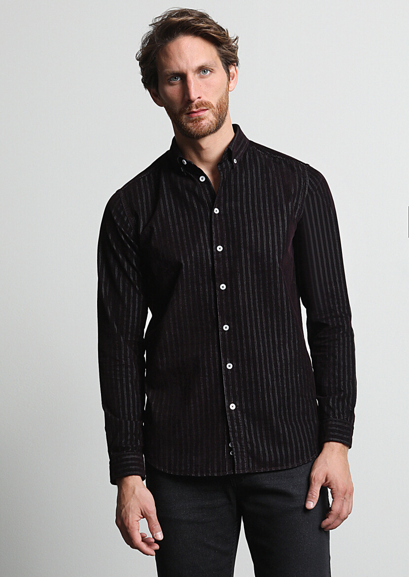 Burgundy Striped Regular Fit Long Weaving Casual 100% Cotton Shirt - 2