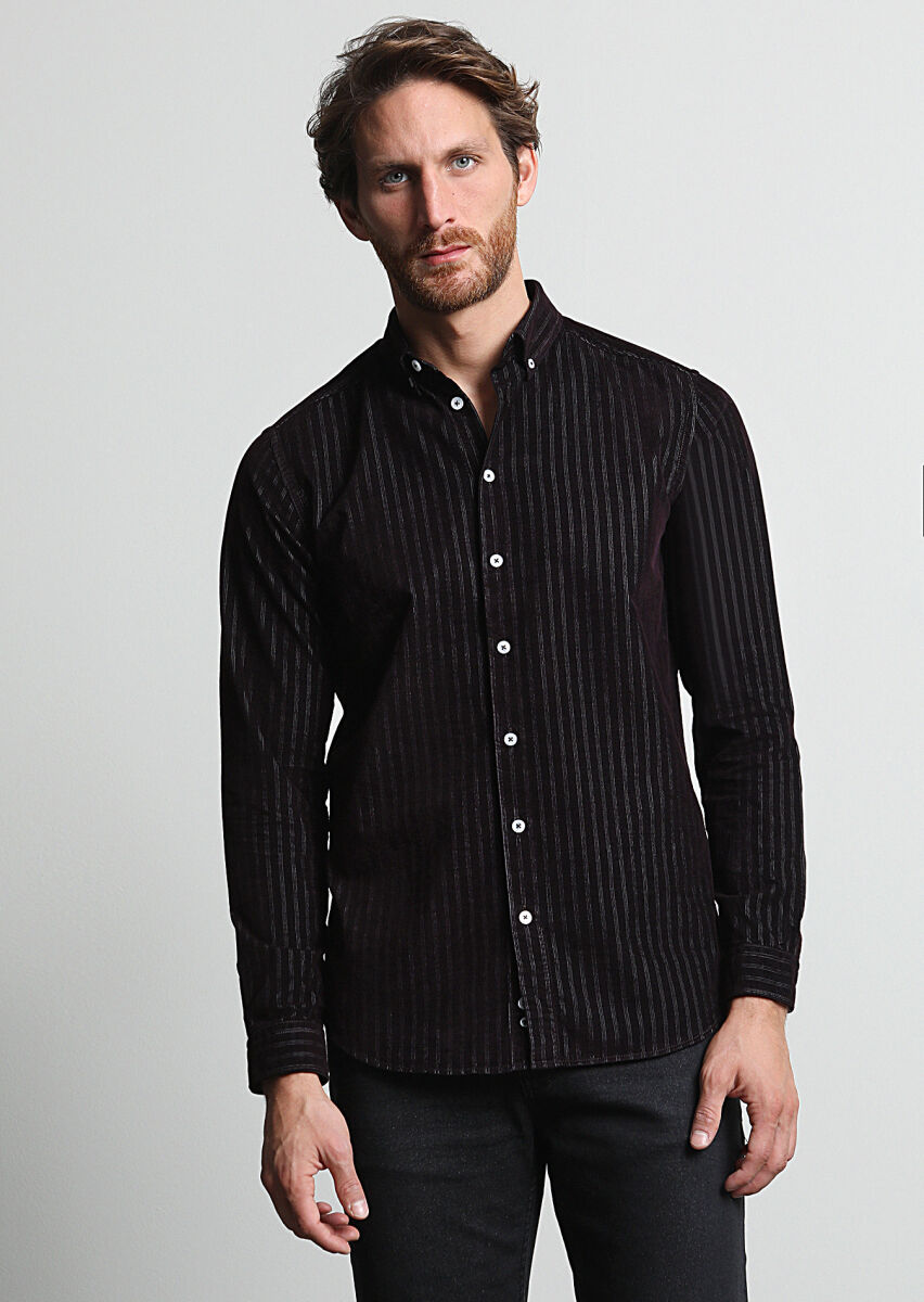 Burgundy Striped Regular Fit Long Weaving Casual 100% Cotton Shirt - 2