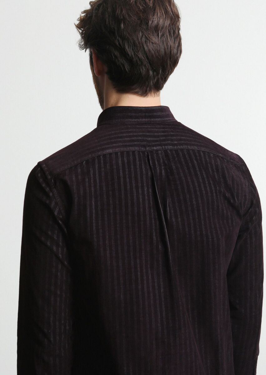 Burgundy Striped Regular Fit Long Weaving Casual 100% Cotton Shirt - 4