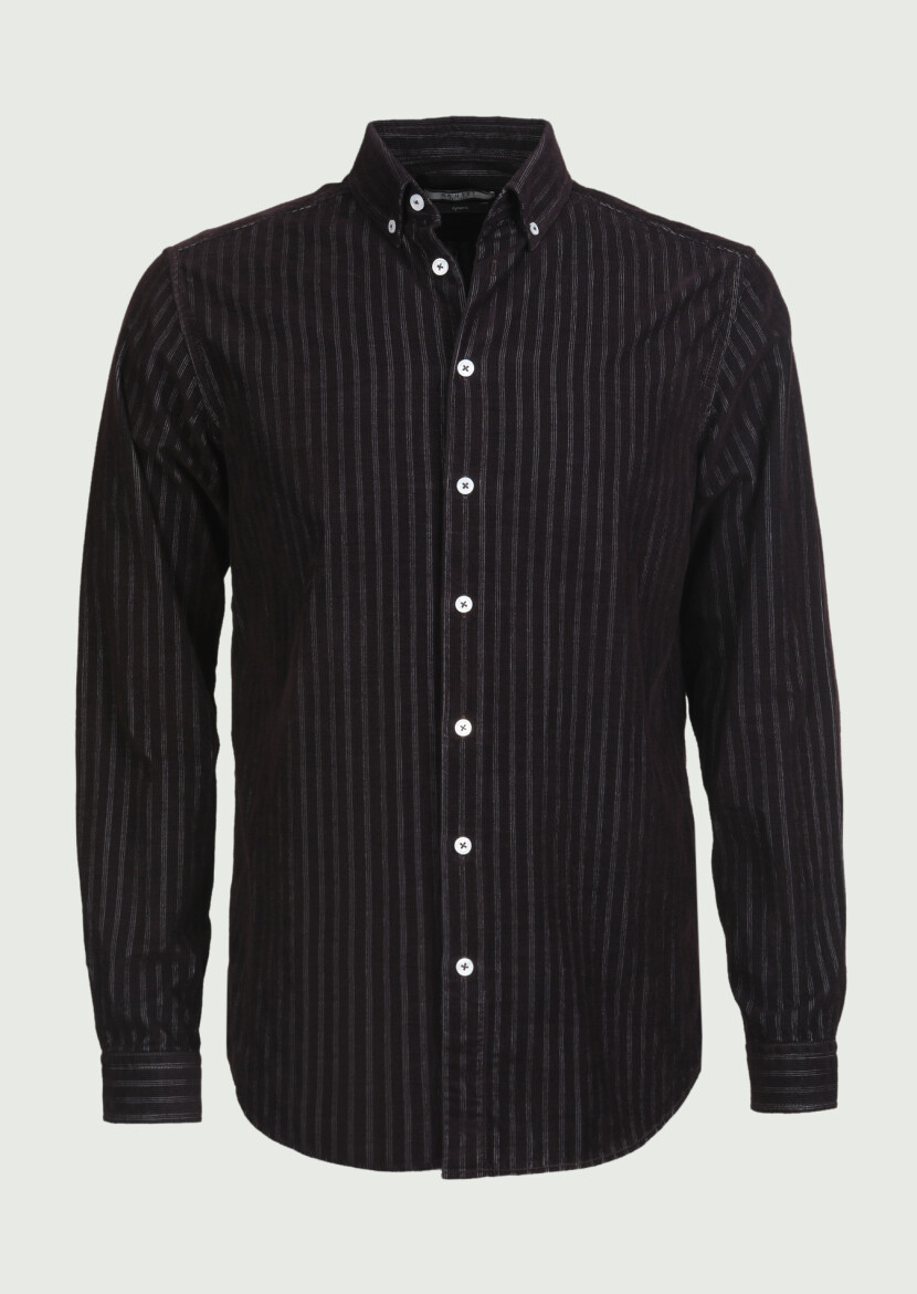 Burgundy Striped Regular Fit Long Weaving Casual 100% Cotton Shirt - 5