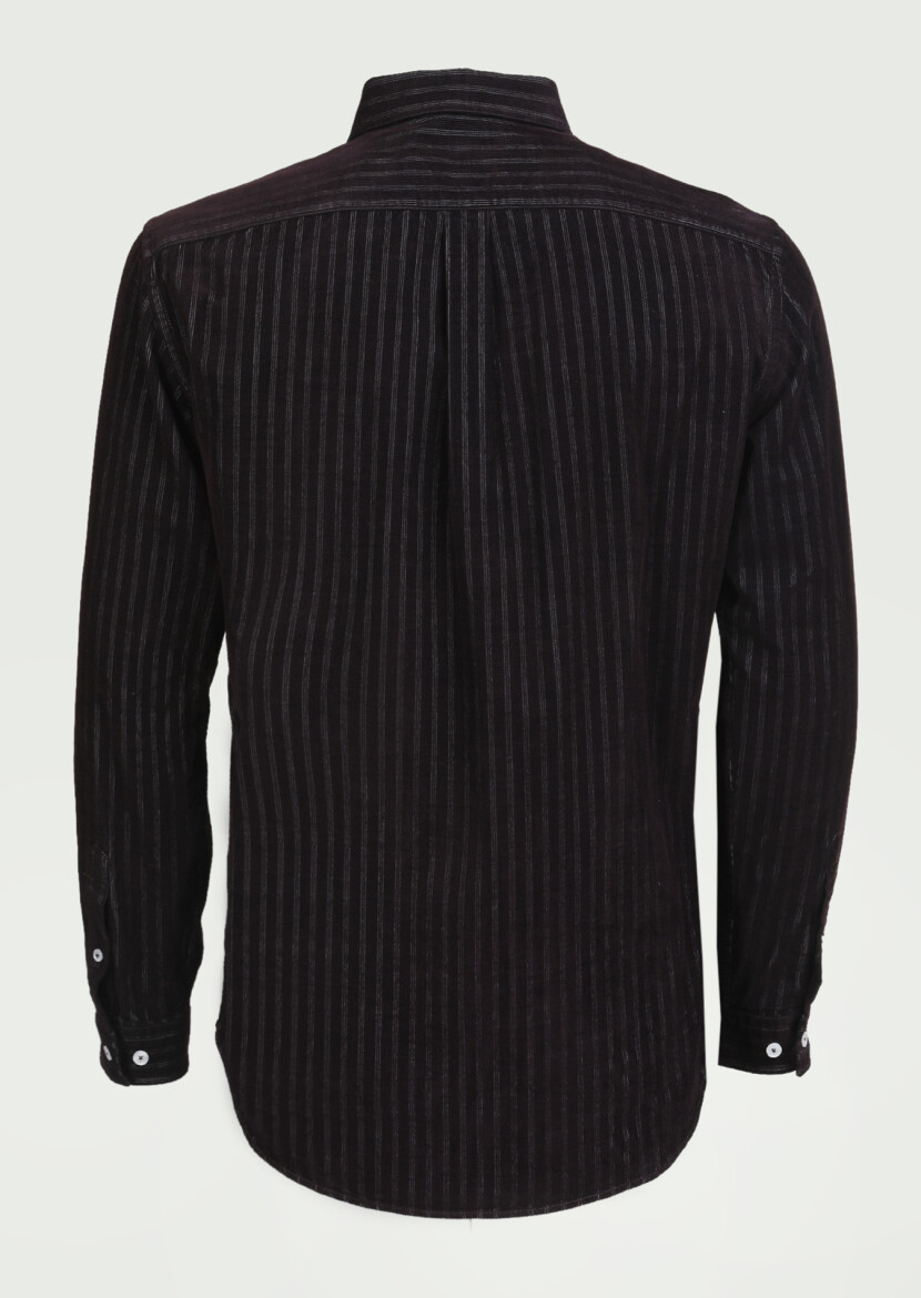 Burgundy Striped Regular Fit Long Weaving Casual 100% Cotton Shirt - 6