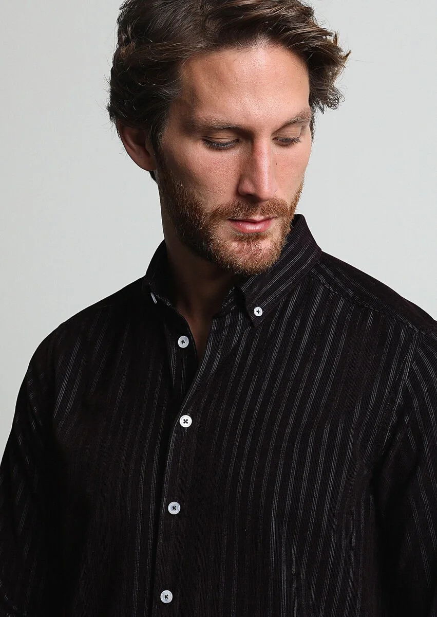 Burgundy Striped Regular Fit Weaving Casual 100% Cotton Shirt - 1