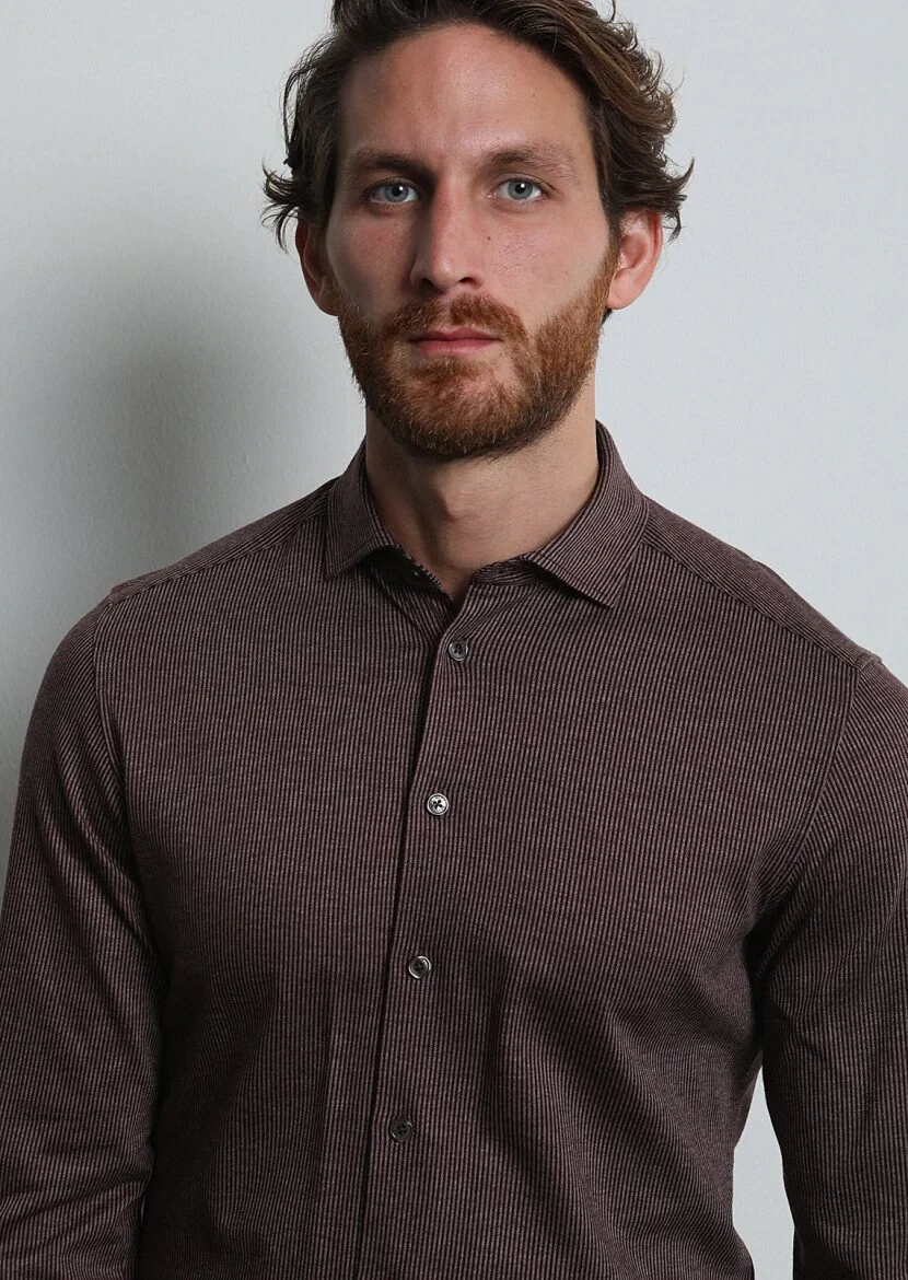 Burgundy Striped Slim Fit Knitting Casual 100% Cotton Shirt 