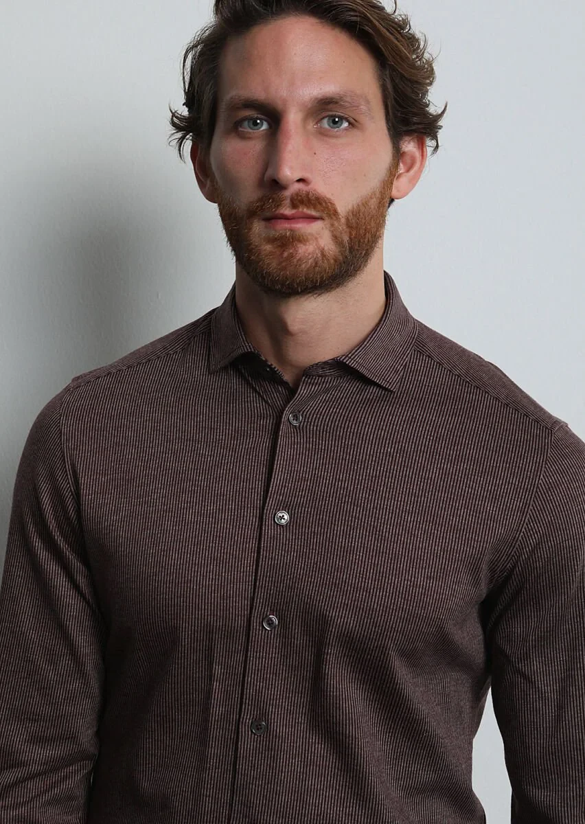 Burgundy Striped Slim Fit Knitting Casual 100% Cotton Shirt - 2