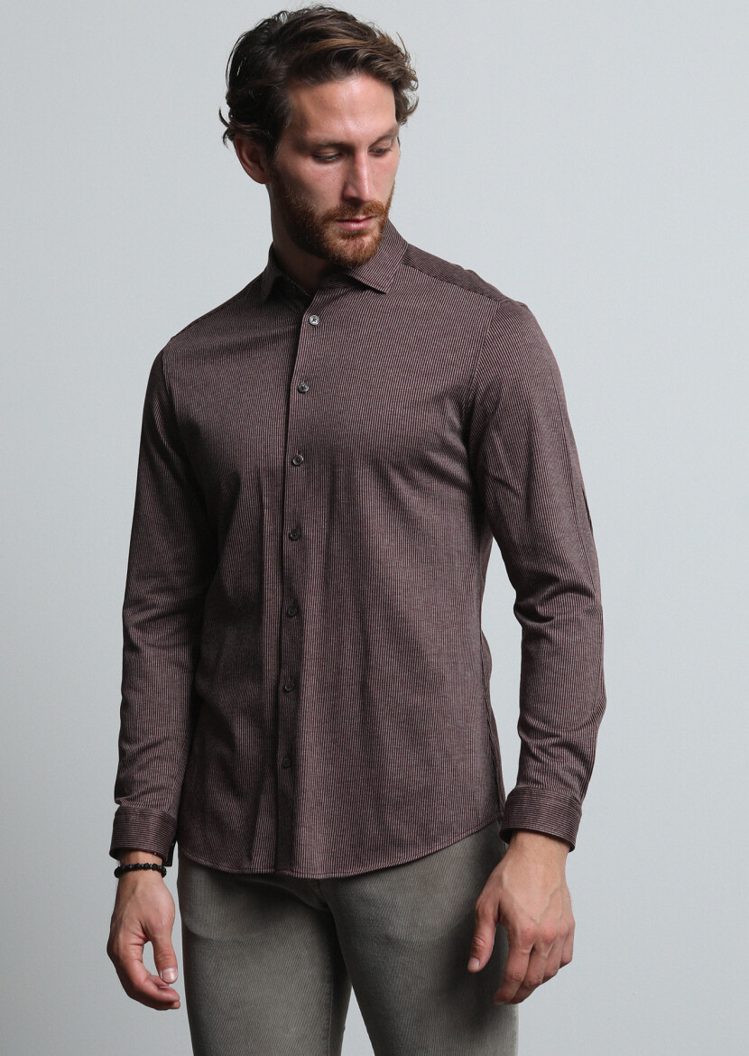 Burgundy Striped Slim Fit Long Knitting Casual 100% Cotton Shirt - 1