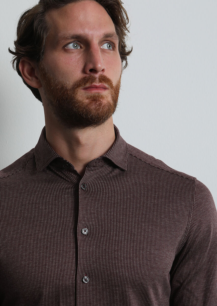 Burgundy Striped Slim Fit Long Knitting Casual 100% Cotton Shirt - 2