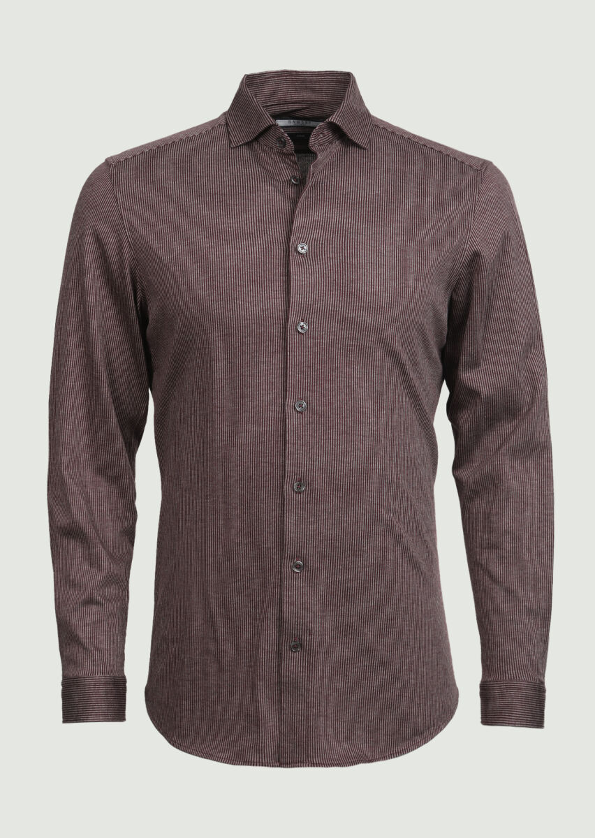 Burgundy Striped Slim Fit Long Knitting Casual 100% Cotton Shirt - 3