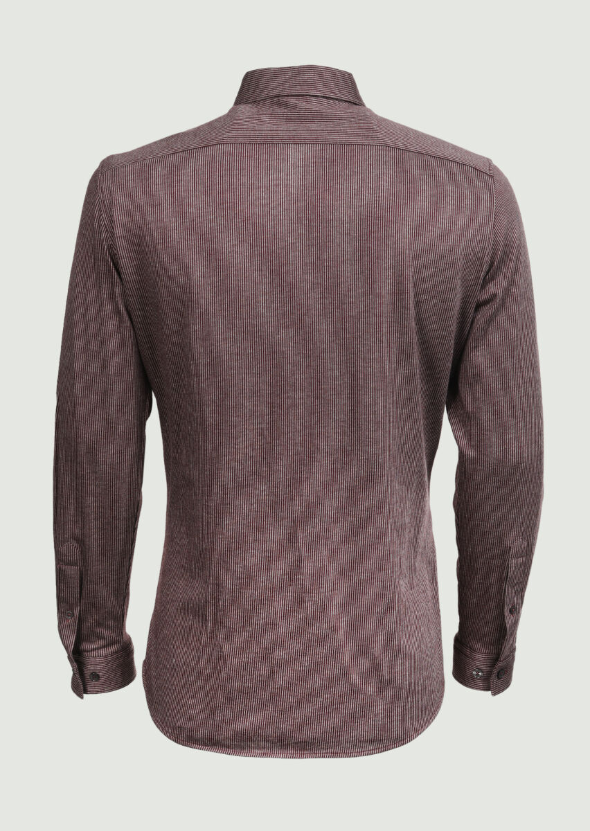Burgundy Striped Slim Fit Long Knitting Casual 100% Cotton Shirt - 4