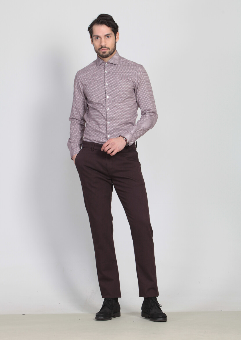 Burgundy Weaving Regular Fit Casual Cotton Blended Trousers - 3