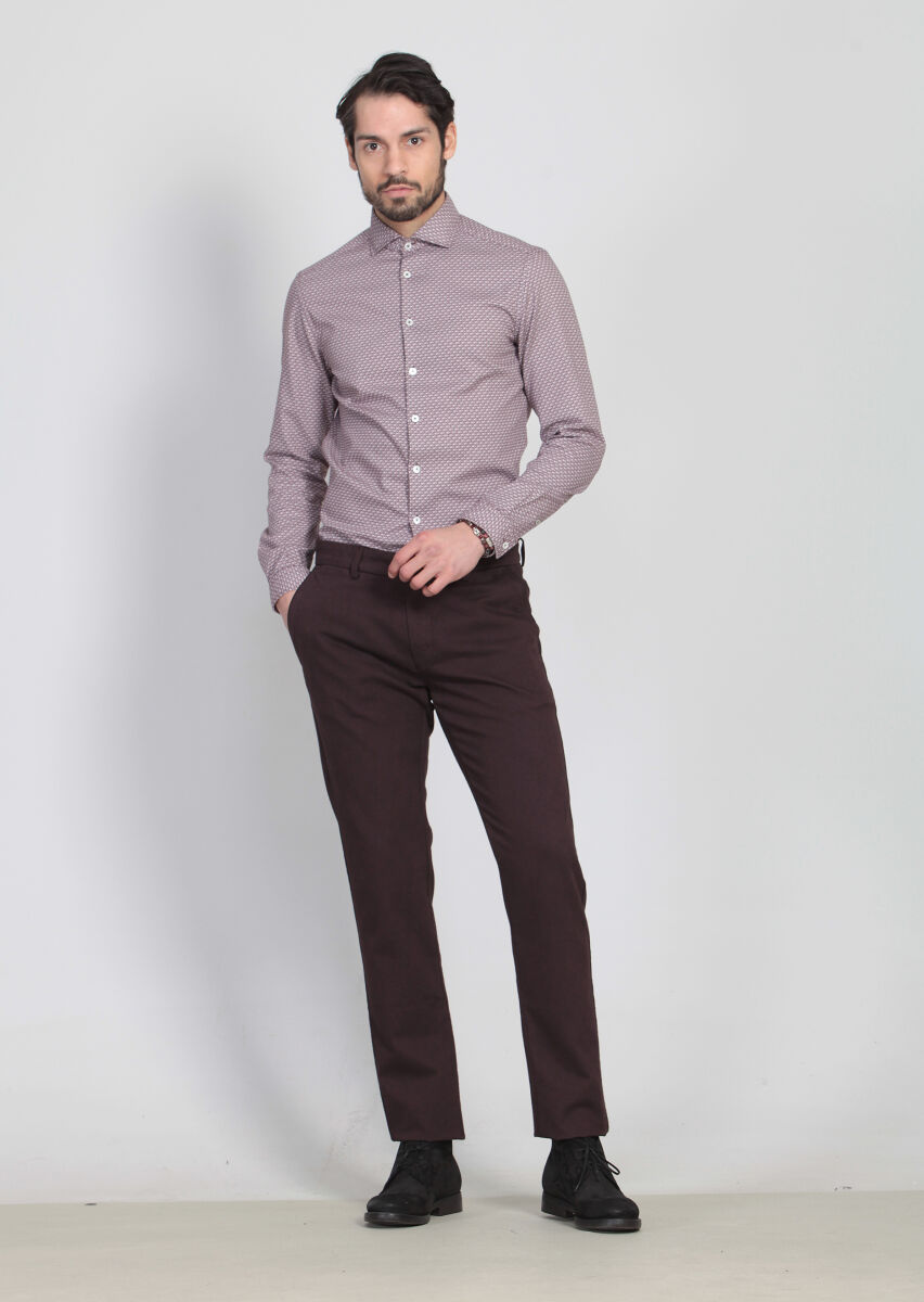 Burgundy Weaving Regular Fit Casual Cotton Blended Trousers - 3
