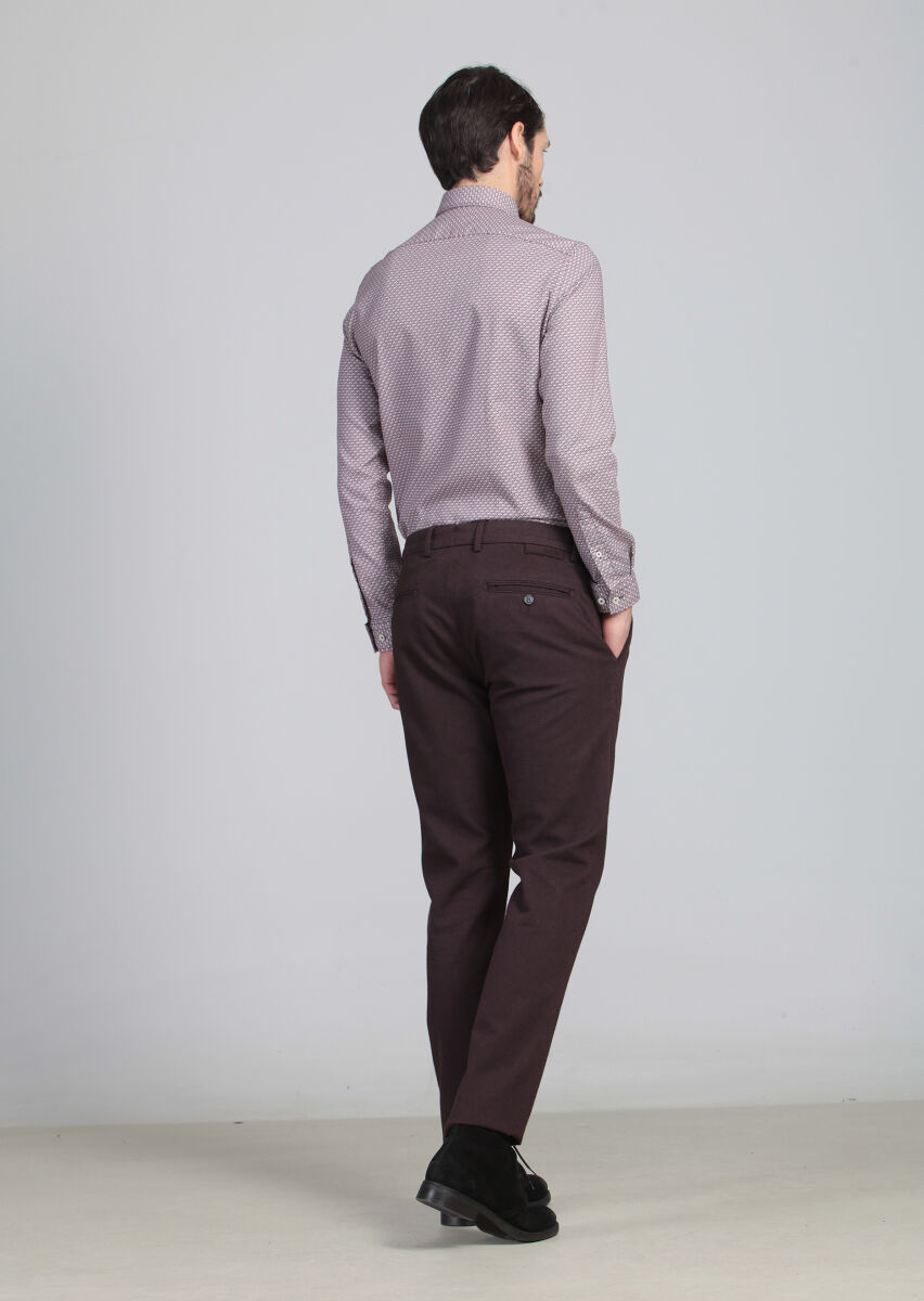 Burgundy Weaving Regular Fit Casual Cotton Blended Trousers - 4