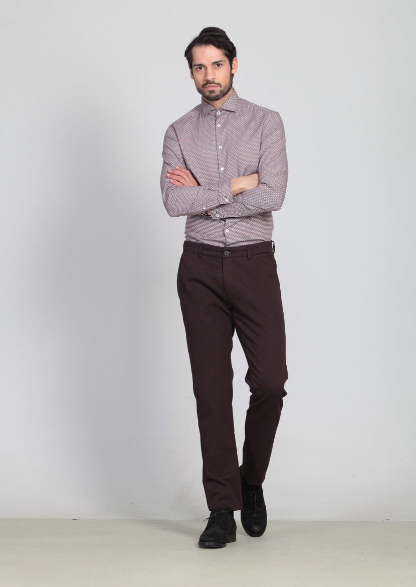 Burgundy Weaving Regular Fit Casual Cotton Blended Trousers 