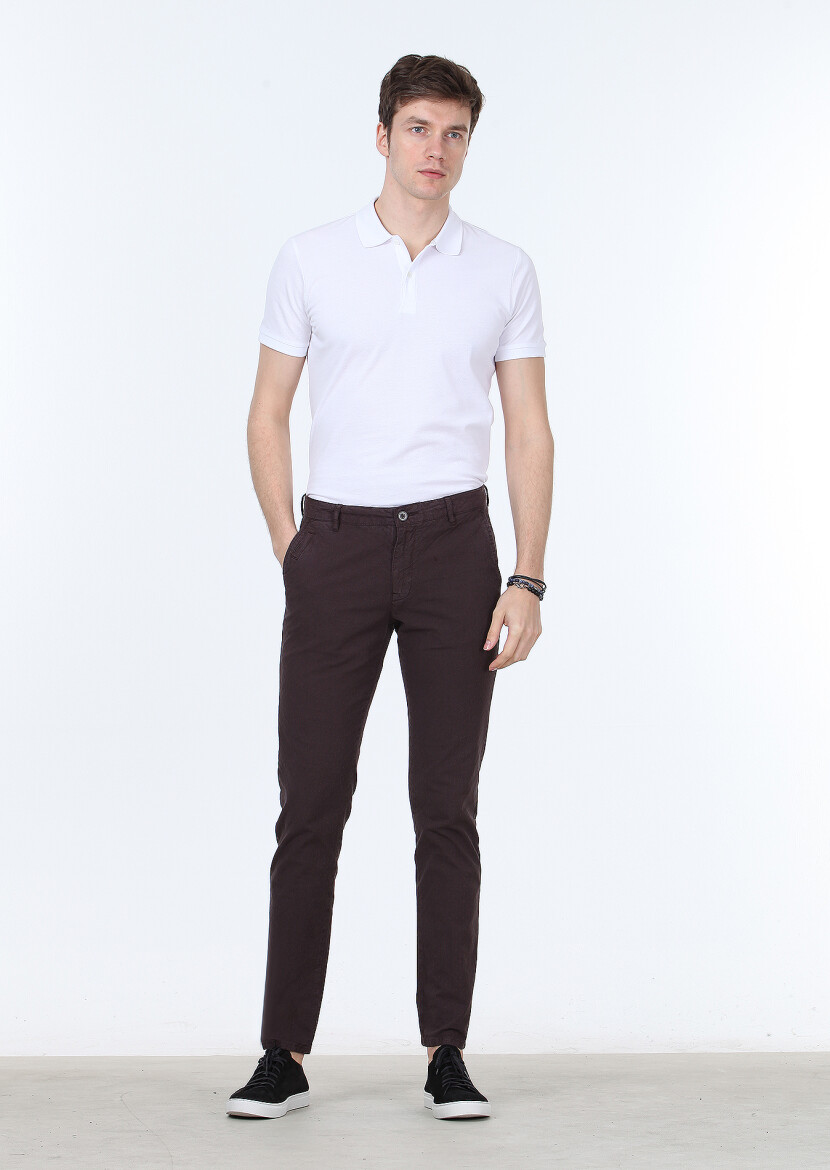 Burgundy Weaving Regular Fit Casual Cotton Blended Trousers - 1