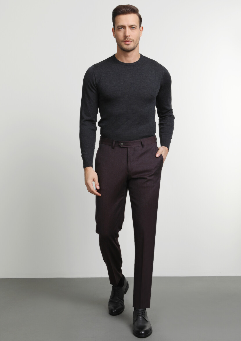 Burgundy Weaving Regular Fit Classical 100% Wool Trousers - 3