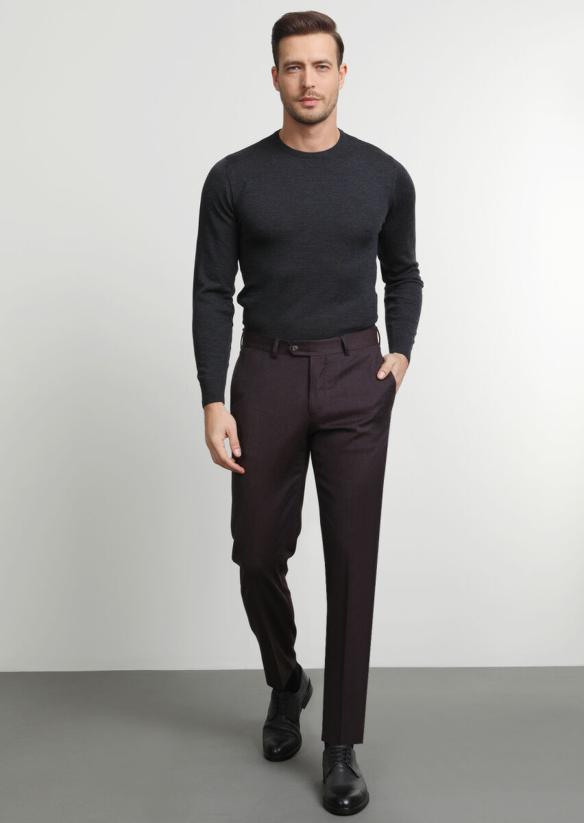 Burgundy Weaving Regular Fit Classical 100% Wool Trousers - 3