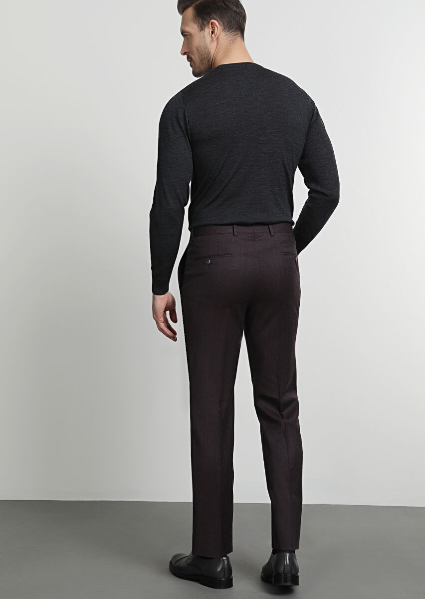 Burgundy Weaving Regular Fit Classical 100% Wool Trousers - 4