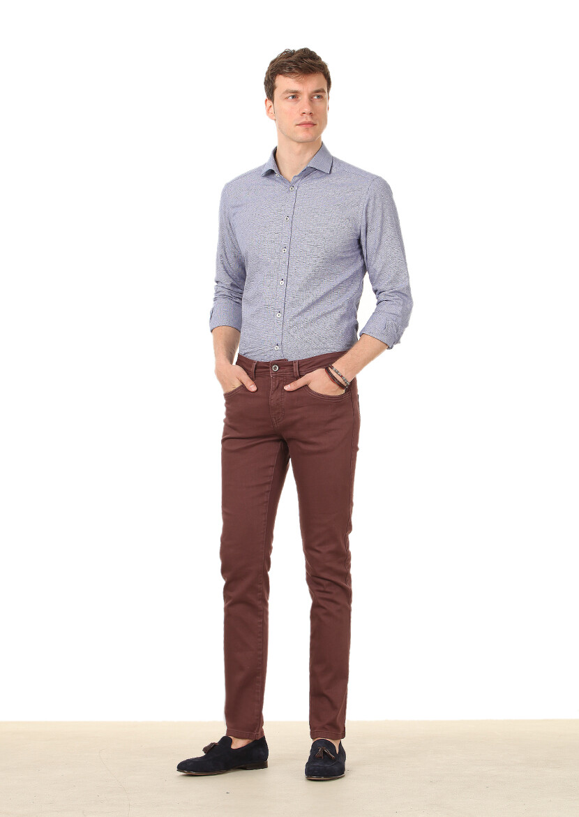 Burgundy Weaving Slim Fit Casual Cotton Blended Trousers 