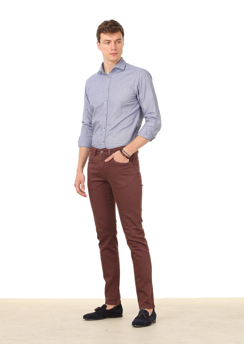 Burgundy Weaving Slim Fit Casual Cotton Blended Trousers - 2