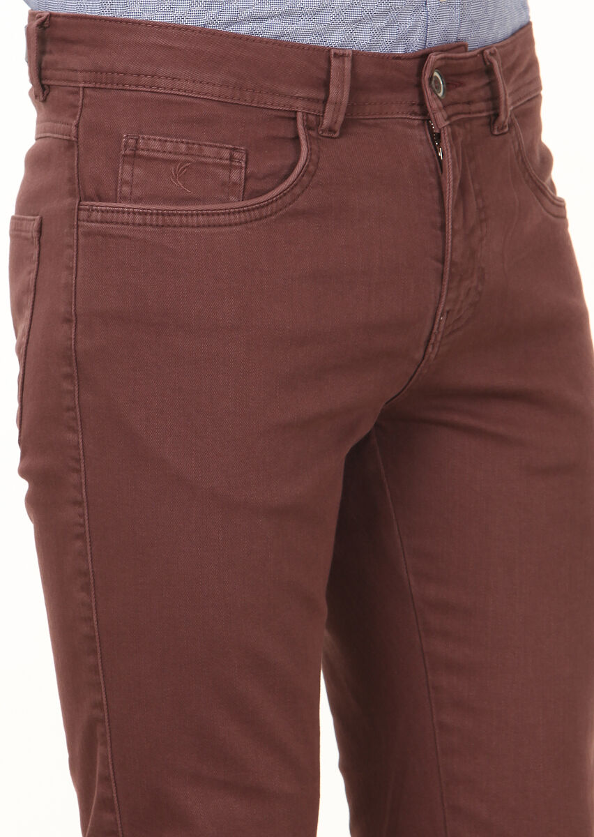 Burgundy Weaving Slim Fit Casual Cotton Blended Trousers - 3