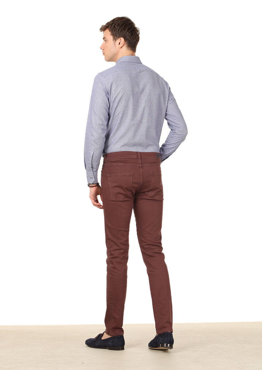 Burgundy Weaving Slim Fit Casual Cotton Blended Trousers - 4