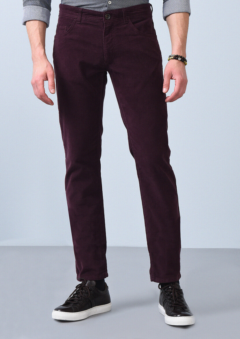 Burgundy Weaving Slim Fit Casual Cotton Blended Trousers 