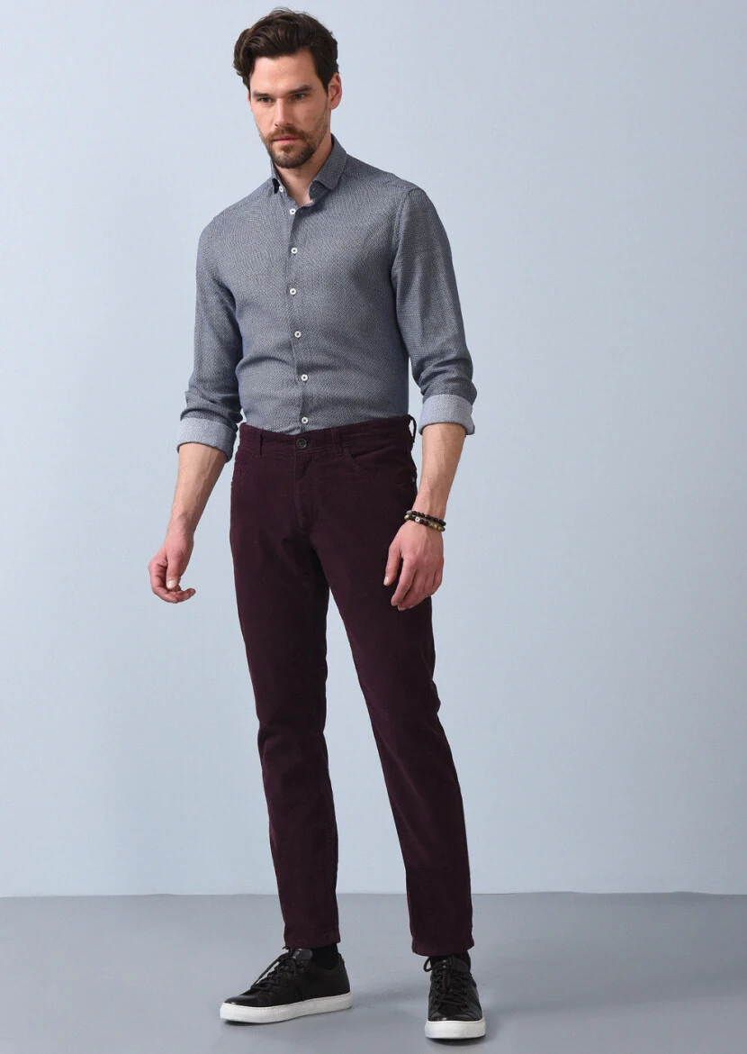 Burgundy Weaving Slim Fit Casual Cotton Blended Trousers - 4