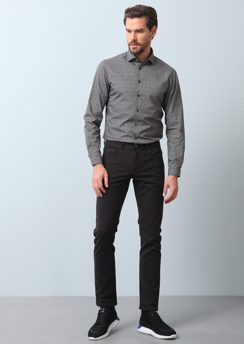 Burgundy Weaving Slim Fit Casual Cotton Blended Trousers - 1