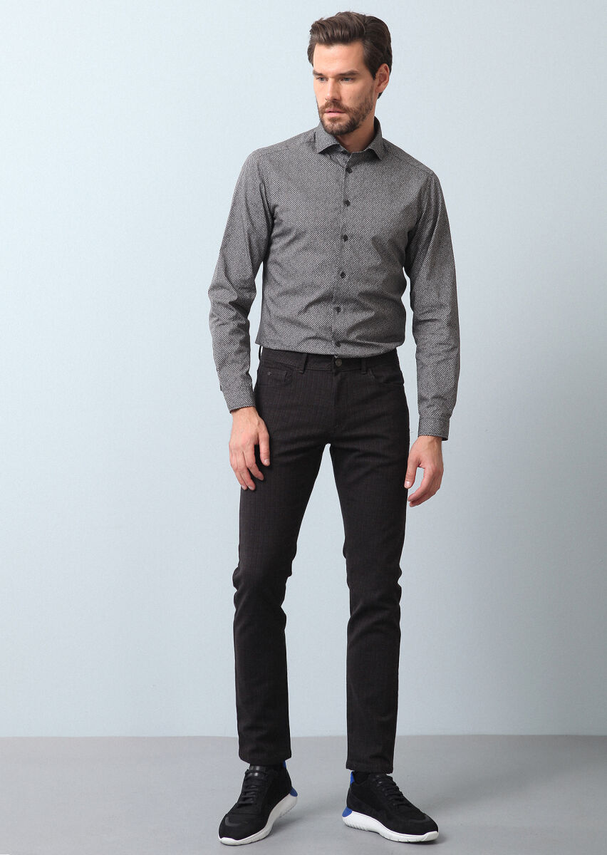 Burgundy Weaving Slim Fit Casual Cotton Blended Trousers - 1