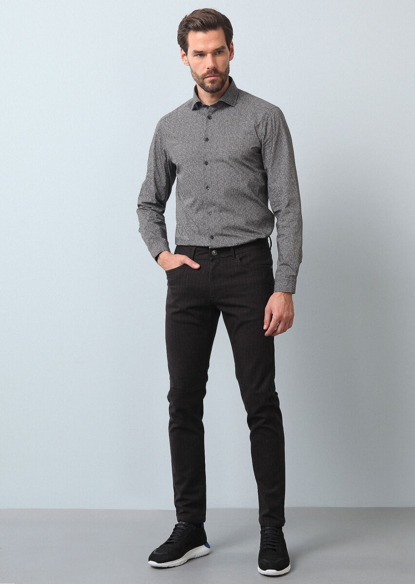 Burgundy Weaving Slim Fit Casual Cotton Blended Trousers - 4