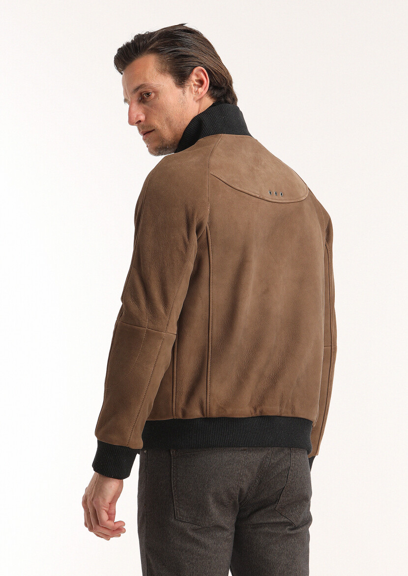Caramel Regular Fit Turtleneck Casual Leather Leather Coat - 4