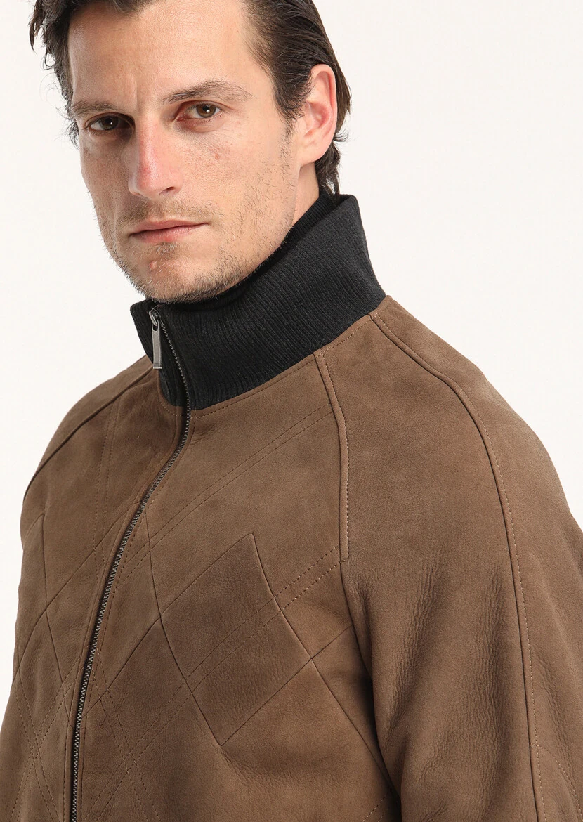 Caramel Regular Fit Turtleneck Casual Leather Leather Coat - 3
