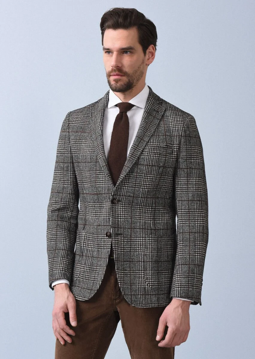 Cinnamon Checkered Shirt Shoulder Slim Fit Wool Blended Jacket - 1