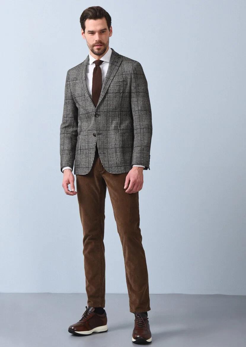Cinnamon Checkered Shirt Shoulder Slim Fit Wool Blended Jacket - 2