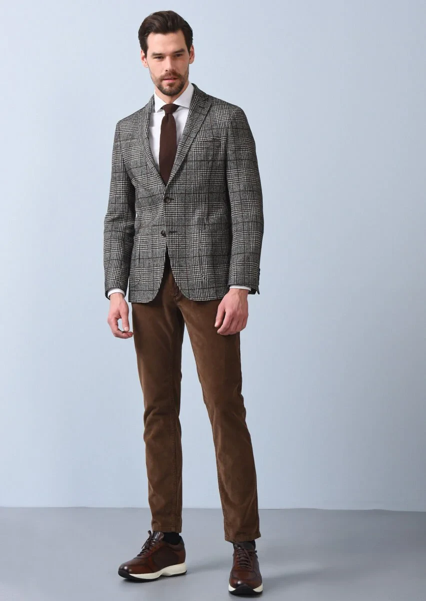 Cinnamon Checkered Shirt Shoulder Slim Fit Wool Blended Jacket - 2