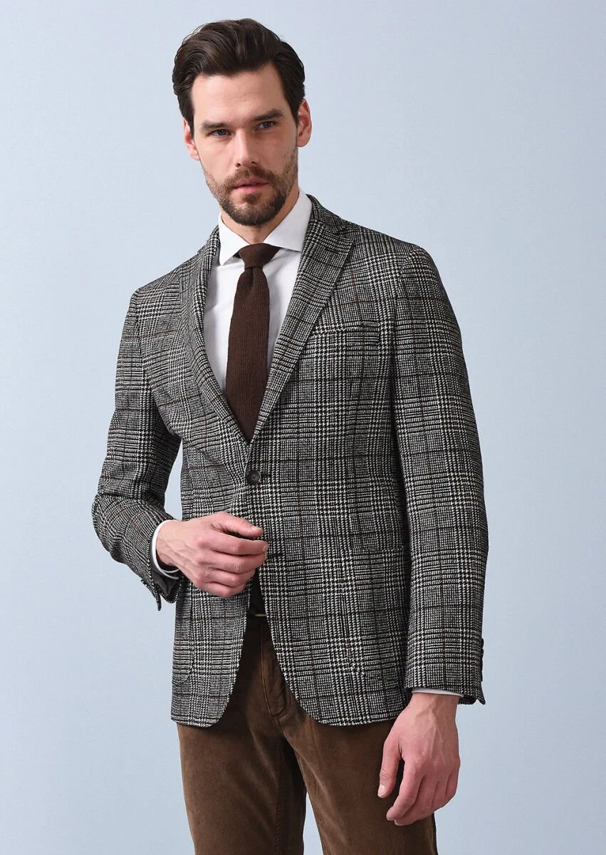 Cinnamon Checkered Shirt Shoulder Slim Fit Wool Blended Jacket - 4