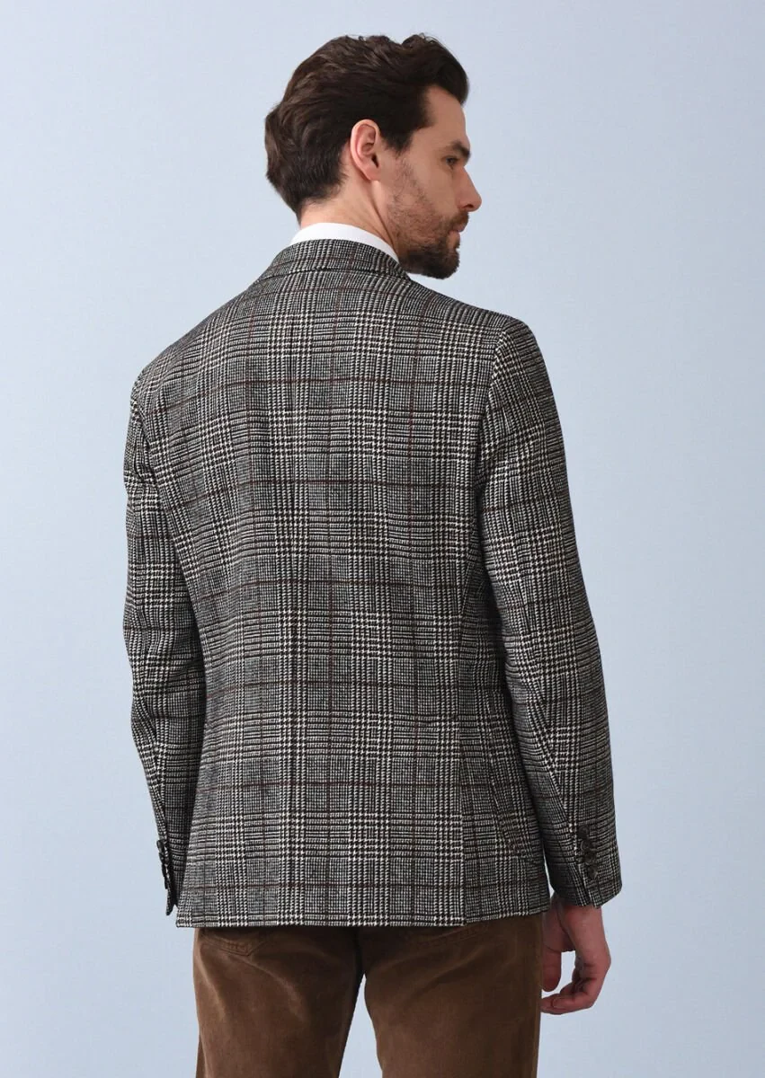 Cinnamon Checkered Shirt Shoulder Slim Fit Wool Blended Jacket - 5