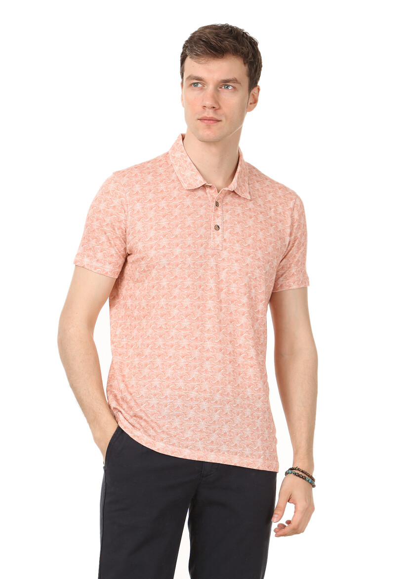 Copper Printed Polo Neck Linen Blended T-Shirt - 1