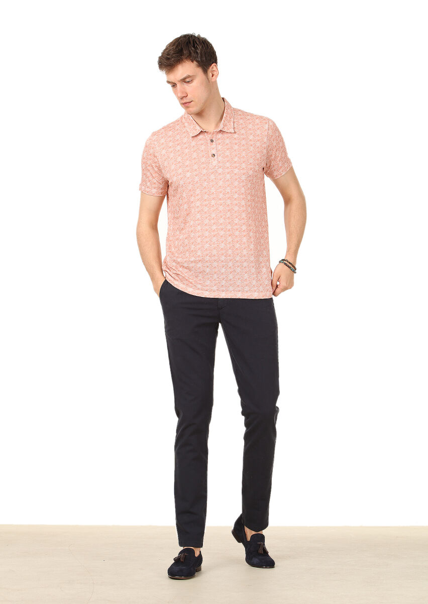 Copper Printed Polo Neck Linen Blended T-Shirt - 3