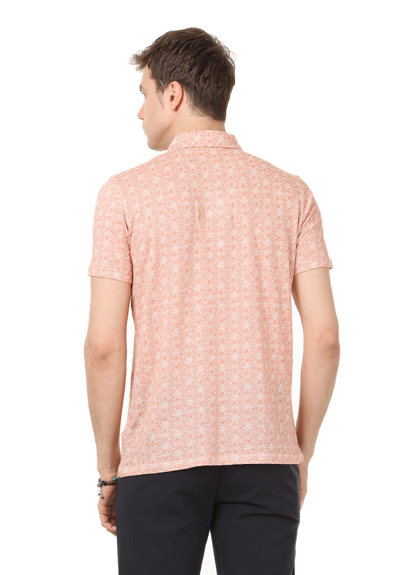 Copper Printed Polo Neck Linen Blended T-Shirt - 4