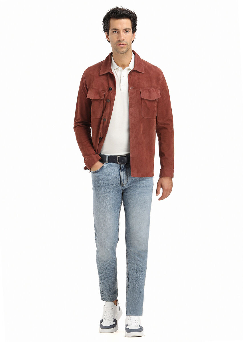 Copper Regular Fit Shirt Collar Casual Suede Leather Coat - 1