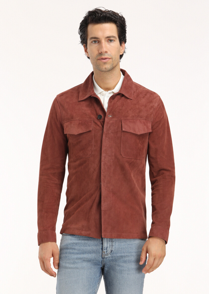 Copper Regular Fit Shirt Collar Casual Suede Leather Coat - 2