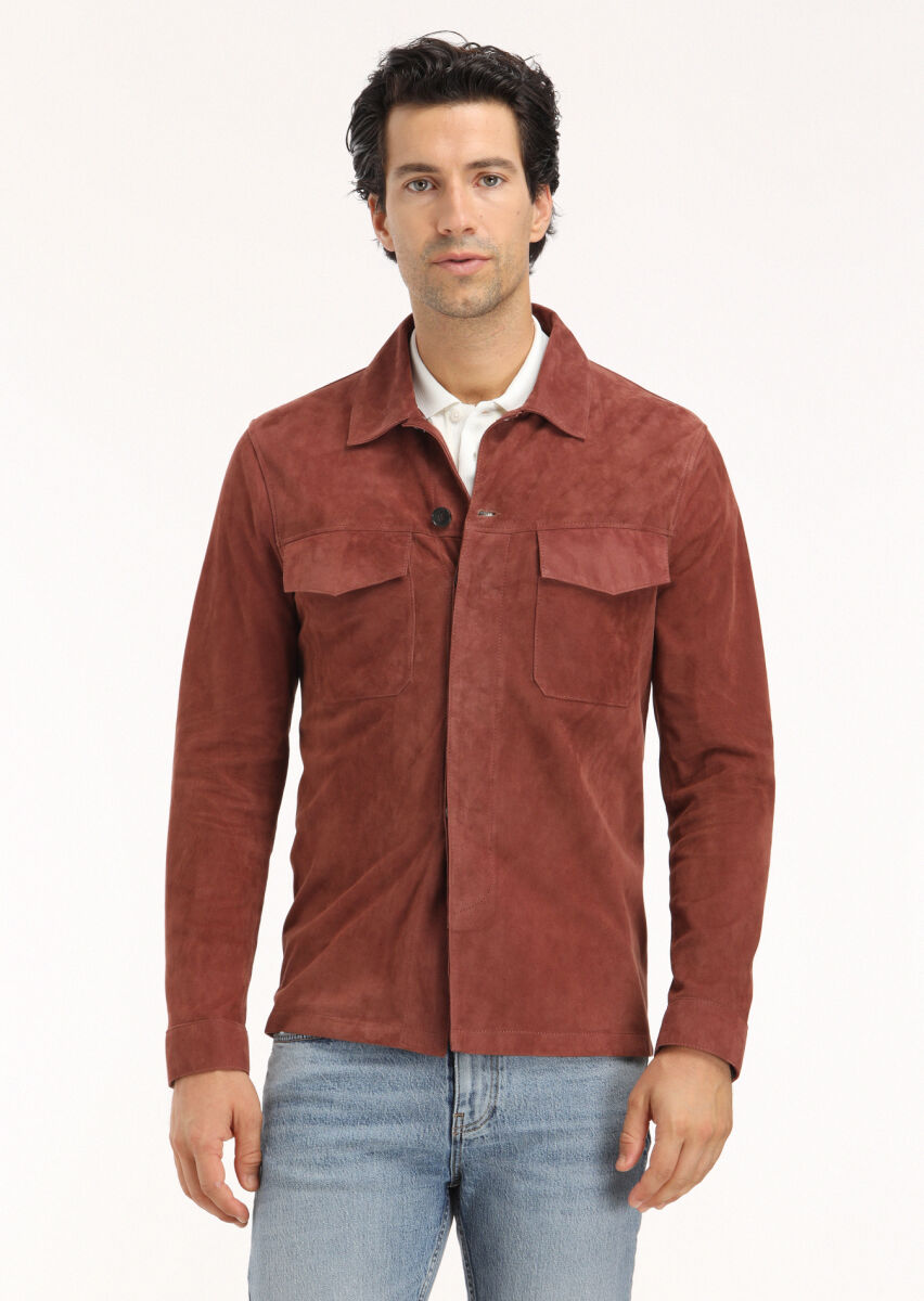 Copper Regular Fit Shirt Collar Casual Suede Leather Coat - 2