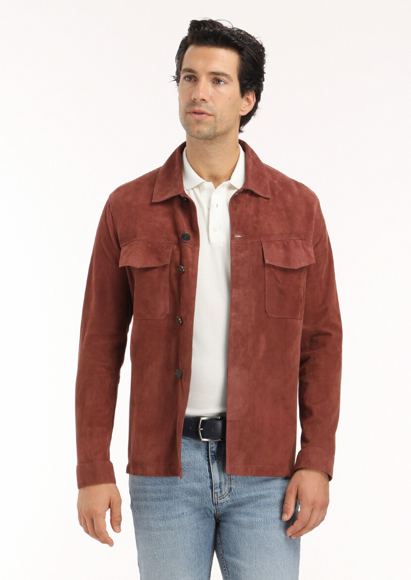 Copper Regular Fit Shirt Collar Casual Suede Leather Coat - 3