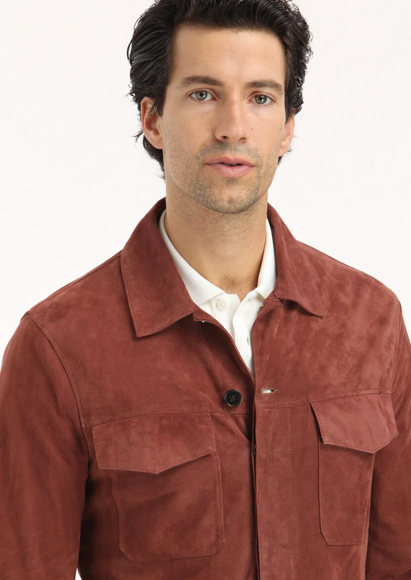 Copper Regular Fit Shirt Collar Casual Suede Leather Coat - 4